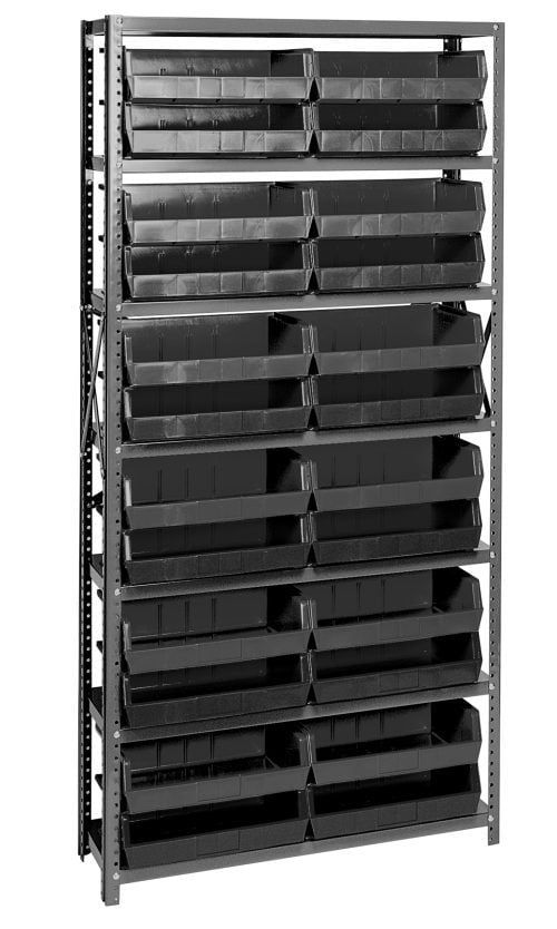 The Quantum Shelving Unit, measuring 12D x 36L x 75H, features a heavy-duty galvanized steel frame with seven shelves and includes 24 QUS245 black bins. Each shelf has a load capacity of 400 lbs, perfect for efficient item organization and storage.