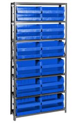 The Quantum Shelving Unit, measuring 12D x 36L x 75H, includes seven shelves and 24 QUS245 blue bins, each shelf holding three bins. It boasts a galvanized steel finish and a heavy-duty load capacity of 400 lbs per shelf.