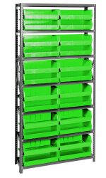 The Quantum Shelving Unit, 12D x 36L x 75H, supports up to 400 lbs per shelf and comes with seven galvanized steel shelves and adjustable uprights. It includes 24 vibrant QUS245 green bins for enhanced organization and versatile storage with uniformly arranged cross bars.