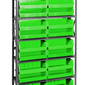 The Quantum Shelving Unit, 12D x 36L x 75H, supports up to 400 lbs per shelf and comes with seven galvanized steel shelves and adjustable uprights. It includes 24 vibrant QUS245 green bins for enhanced organization and versatile storage with uniformly arranged cross bars.