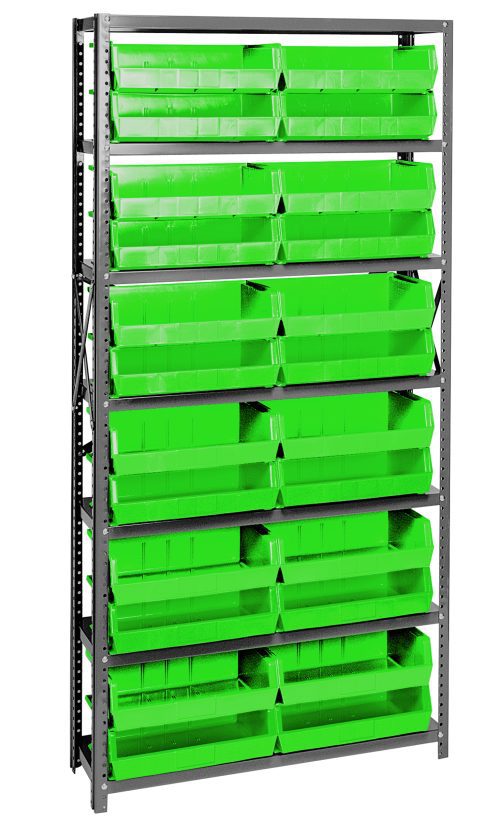QSBU-245_GN.jpg The Quantum Shelving Unit, 12D x 36L x 75H, supports up to 400 lbs per shelf and comes with seven galvanized steel shelves and adjustable uprights. It includes 24 vibrant QUS245 green bins for enhanced organization and versatile storage with uniformly arranged cross bars.