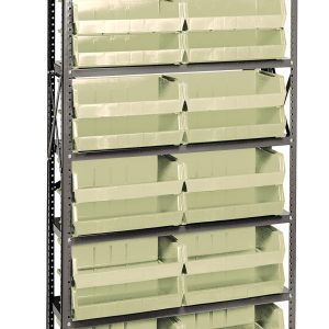 The Quantum Shelving Unit measures 12D x 36L x 75H, featuring seven heavy-duty shelves with a 400 lb. load capacity each. It includes 24 QUS245 ivory bins, offering easy access through the open front design and boasts an industrial look with its galvanized steel finish.