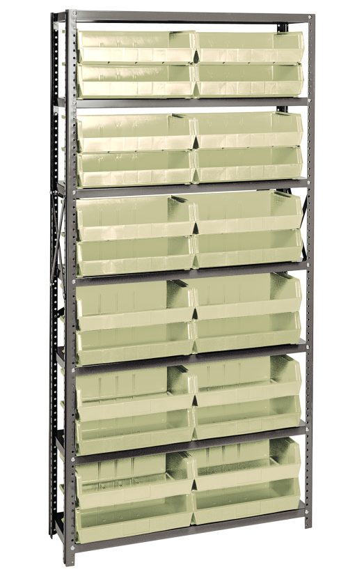 QSBU-245_IV.jpg The Quantum Shelving Unit measures 12D x 36L x 75H, featuring seven heavy-duty shelves with a 400 lb. load capacity each. It includes 24 QUS245 ivory bins, offering easy access through the open front design and boasts an industrial look with its galvanized steel finish.