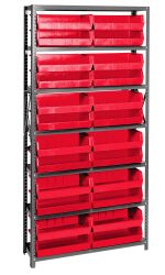 The Quantum Shelving Unit, measuring 12D x 36L x 75H with a galvanized steel finish, includes sturdy uprights and cross bars. It features seven heavy-duty shelves that support up to 400 lbs each and comes with a vibrant set of 24 QUS245 red bins for organized storage.