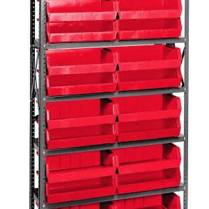 The Quantum Shelving Unit, measuring 12D x 36L x 75H with a galvanized steel finish, includes sturdy uprights and cross bars. It features seven heavy-duty shelves that support up to 400 lbs each and comes with a vibrant set of 24 QUS245 red bins for organized storage.