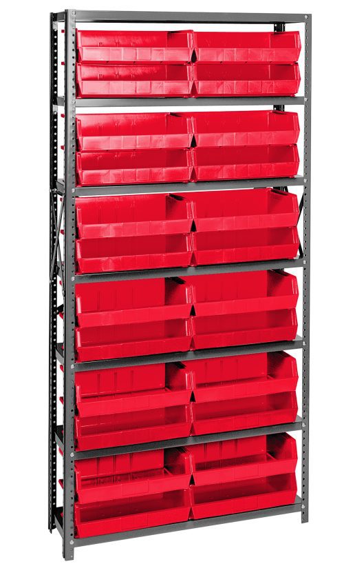 QSBU-245_RD.jpg The Quantum Shelving Unit, measuring 12D x 36L x 75H with a galvanized steel finish, includes sturdy uprights and cross bars. It features seven heavy-duty shelves that support up to 400 lbs each and comes with a vibrant set of 24 QUS245 red bins for organized storage.