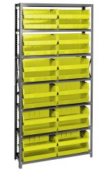 The Quantum Shelving Unit is a heavy-duty structure made of galvanized steel, featuring uprights, cross bars, and seven shelves supporting 24 QUS245 yellow bins. With a load capacity of 400 lbs per shelf, its ideal for industrial or garage use, providing organized and sturdy storage at 12D x 36L x 75H.