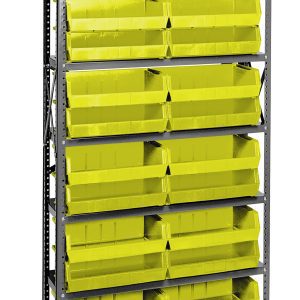 The Quantum Shelving Unit is a heavy-duty structure made of galvanized steel, featuring uprights, cross bars, and seven shelves supporting 24 QUS245 yellow bins. With a load capacity of 400 lbs per shelf, its ideal for industrial or garage use, providing organized and sturdy storage at 12D x 36L x 75H.