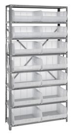 The Quantum Shelving Unit, measuring 12D x 36L x 75H, features eight sturdy shelves with a 400 lb. load capacity each and includes 14 QUS250 clear bins. The galvanized steel finish ensures stability with reinforced uprights and cross bars for easy top access to bins.