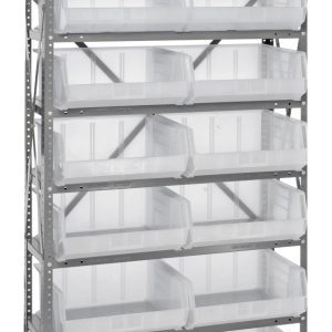 The Quantum Shelving Unit, measuring 12D x 36L x 75H, features eight sturdy shelves with a 400 lb. load capacity each and includes 14 QUS250 clear bins. The galvanized steel finish ensures stability with reinforced uprights and cross bars for easy top access to bins.
