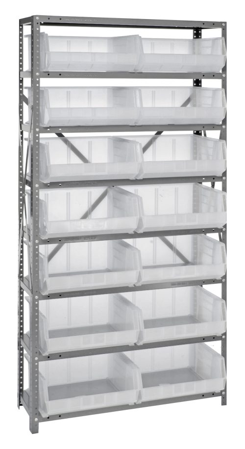 The Quantum Shelving Unit, measuring 12D x 36L x 75H, features eight sturdy shelves with a 400 lb. load capacity each and includes 14 QUS250 clear bins. The galvanized steel finish ensures stability with reinforced uprights and cross bars for easy top access to bins.