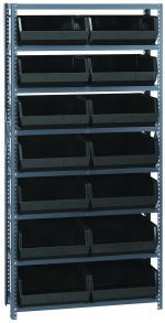 Meet the Quantum Shelving Unit: galvanized steel frame with eight heavy-duty shelves, holding 14 front-open QUS250 black bins. Dimensions are 12D x 36L x 75H. The bins are arranged in three rows and three columns, providing easy access to essentials. Each shelf supports up to 400 lbs.