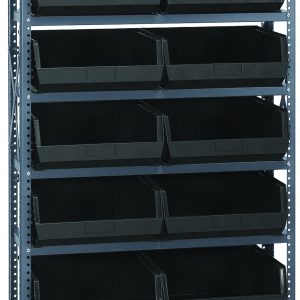 Meet the Quantum Shelving Unit: galvanized steel frame with eight heavy-duty shelves, holding 14 front-open QUS250 black bins. Dimensions are 12D x 36L x 75H. The bins are arranged in three rows and three columns, providing easy access to essentials. Each shelf supports up to 400 lbs.