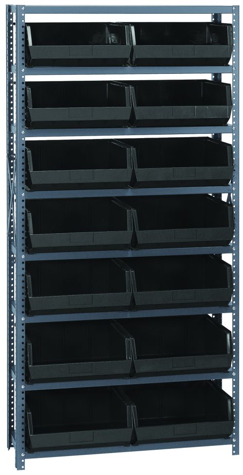 QSBU-250_BK.jpg Meet the Quantum Shelving Unit: galvanized steel frame with eight heavy-duty shelves, holding 14 front-open QUS250 black bins. Dimensions are 12D x 36L x 75H. The bins are arranged in three rows and three columns, providing easy access to essentials. Each shelf supports up to 400 lbs.
