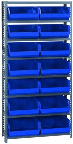 The Quantum Shelving Unit measures 12D x 36L x 75H and includes eight shelves, each supporting up to 400 lbs. It comes with 14 QUS250 blue bins, uprights, cross bars, and a galvanized steel finish for organized storage with easy access.