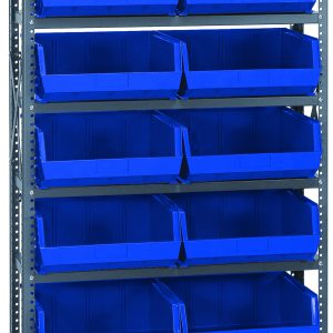 The Quantum Shelving Unit measures 12D x 36L x 75H and includes eight shelves, each supporting up to 400 lbs. It comes with 14 QUS250 blue bins, uprights, cross bars, and a galvanized steel finish for organized storage with easy access.