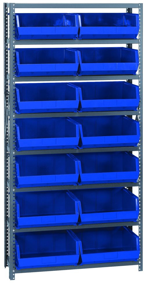 The Quantum Shelving Unit measures 12D x 36L x 75H and includes eight shelves, each supporting up to 400 lbs. It comes with 14 QUS250 blue bins, uprights, cross bars, and a galvanized steel finish for organized storage with easy access.