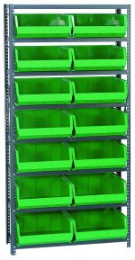 The Quantum Shelving Unit (12D x 36L x 75H) features a sturdy galvanized steel frame, offering eight shelves with a 400 lb. load capacity each. It includes 14 bright green Qus250 bins and is supported by robust uprights and cross bars for durability and easy open-front access.