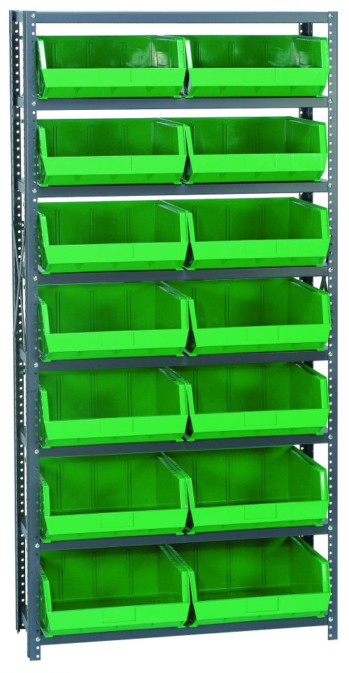 QSBU-250_GN.jpg The Quantum Shelving Unit (12D x 36L x 75H) features a sturdy galvanized steel frame, offering eight shelves with a 400 lb. load capacity each. It includes 14 bright green Qus250 bins and is supported by robust uprights and cross bars for durability and easy open-front access.
