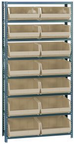 The Quantum Shelving Unit, measuring 12D x 36L x 75H, features a sturdy galvanized steel frame with uprights and cross bars supporting 400 lbs per shelf. It includes eight shelves and fourteen Qus250 ivory bins for effective organization, offering an angled open-front design for easy access.