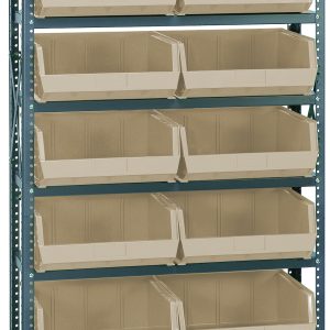 The Quantum Shelving Unit, measuring 12D x 36L x 75H, features a sturdy galvanized steel frame with uprights and cross bars supporting 400 lbs per shelf. It includes eight shelves and fourteen Qus250 ivory bins for effective organization, offering an angled open-front design for easy access.