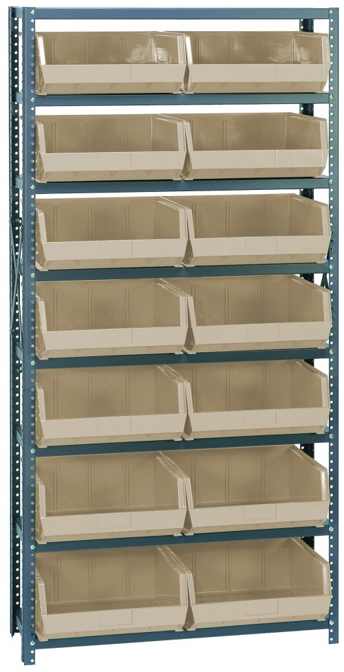 QSBU-250_IV.jpg The Quantum Shelving Unit, measuring 12D x 36L x 75H, features a sturdy galvanized steel frame with uprights and cross bars supporting 400 lbs per shelf. It includes eight shelves and fourteen Qus250 ivory bins for effective organization, offering an angled open-front design for easy access.