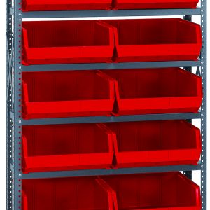 The Quantum Shelving Unit, measuring 12D x 36L x 75H, has eight heavy-duty shelves with a 400 lb. load capacity each. It includes 14 Qus250 red bins and features robust uprights and cross bars in a galvanized steel finish for easy item access.