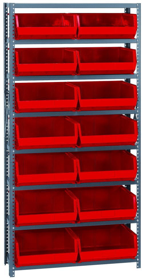 The Quantum Shelving Unit, measuring 12D x 36L x 75H, has eight heavy-duty shelves with a 400 lb. load capacity each. It includes 14 Qus250 red bins and features robust uprights and cross bars in a galvanized steel finish for easy item access.