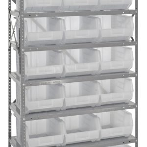 The Quantum Shelving Unit, made with galvanized steel and measuring 18D x 36L x 75H, boasts a heavy-duty design with eight shelves that can each hold up to 400 lbs. The unit includes uprights, cross bars, and comes with 21 Qus255 clear bins for impressive storage capacity.