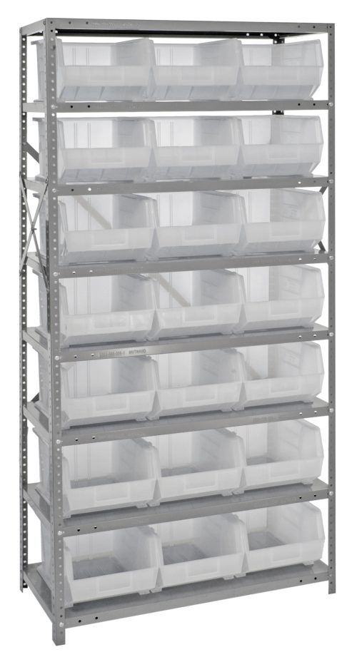 QSBU-255CL.jpg The Quantum Shelving Unit, made with galvanized steel and measuring 18D x 36L x 75H, boasts a heavy-duty design with eight shelves that can each hold up to 400 lbs. The unit includes uprights, cross bars, and comes with 21 Qus255 clear bins for impressive storage capacity.
