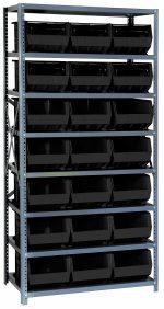 The Quantum Shelving Unit, 18D x 36L x 75H with a galvanized steel finish includes eight heavy-duty shelves and 21 QUS255 black bins. It supports organized storage solutions with a weight capacity of 400 lbs per shelf, featuring uprights and crossbars for enhanced stability.
