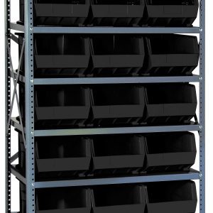 The Quantum Shelving Unit, 18D x 36L x 75H with a galvanized steel finish includes eight heavy-duty shelves and 21 QUS255 black bins. It supports organized storage solutions with a weight capacity of 400 lbs per shelf, featuring uprights and crossbars for enhanced stability.