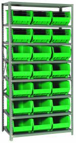 The Quantum Shelving Unit, 18D x 36L x 75H, features a heavy-duty build with eight galvanized steel shelves and 21 Qus255 bright green bins. Each reinforced shelf supports up to 400 lbs., ideal for organizing small items securely.