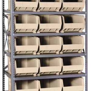The Quantum Shelving Unit (18D X 36L X 75H) features heavy-duty galvanized steel with sturdy uprights and cross bars, supporting a 400 lb. load per shelf. It includes eight shelves and 21 Qus255 ivory bins, open at the front for easy access and evenly spaced organization.