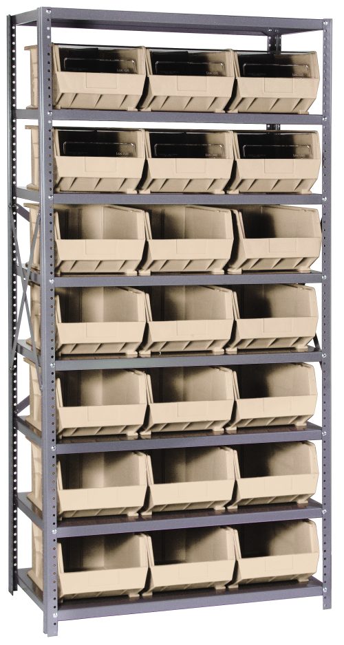 QSBU-255_IV.jpg The Quantum Shelving Unit (18D X 36L X 75H) features heavy-duty galvanized steel with sturdy uprights and cross bars, supporting a 400 lb. load per shelf. It includes eight shelves and 21 Qus255 ivory bins, open at the front for easy access and evenly spaced organization.