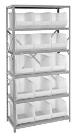 The Quantum Shelving Unit, 18D x 36L x 75H, features six shelves and fifteen QUS260 clear bins, with sturdy uprights and cross bars for enhanced stability. It has a galvanized steel finish and holds up to 400 lbs per shelf for organized storage.