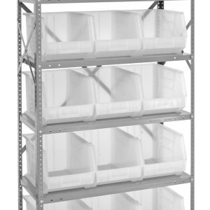 The Quantum Shelving Unit, 18D x 36L x 75H, features six shelves and fifteen QUS260 clear bins, with sturdy uprights and cross bars for enhanced stability. It has a galvanized steel finish and holds up to 400 lbs per shelf for organized storage.