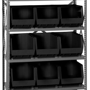 The Quantum Shelving Unit measures 18D x 36L x 75H and is heavy-duty, holding up to 400 lbs per shelf. It includes six shelves with fifteen Qus260 black bins, supported by uprights and cross bars, perfect for efficient organization in a galvanized steel finish.