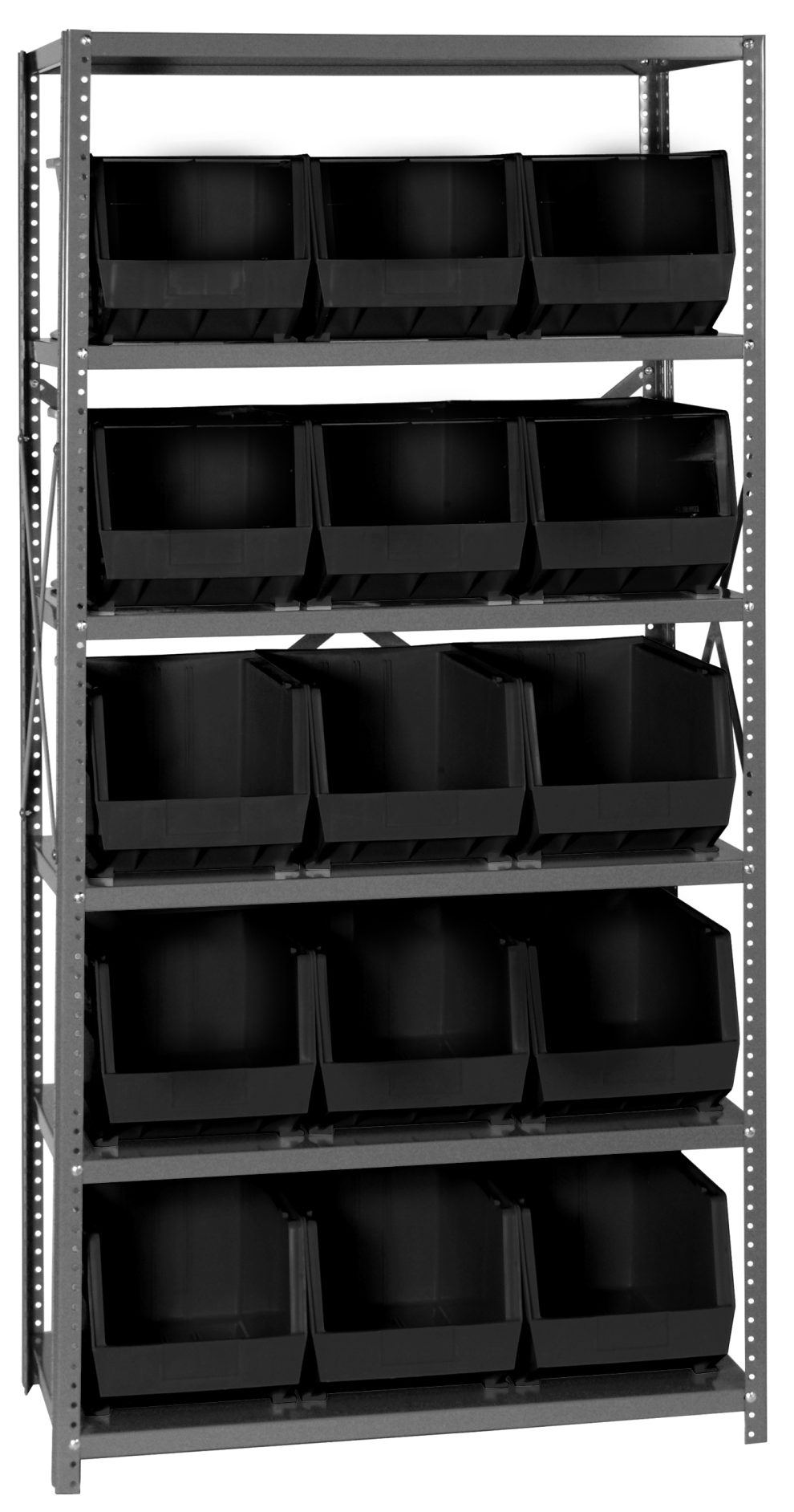 Quantum steel shelving unit with six shelves holding black open-hopper plastic bins