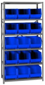 The Quantum Shelving Unit, 18D x 36L x 75H, features heavy-duty galvanized steel with sturdy uprights and cross bars. It includes six shelves and 15 QUS260 blue plastic bins, designed for easy access when empty, neatly arranged across evenly spaced levels. Each shelf supports up to 400 lbs.