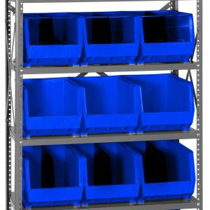 The Quantum Shelving Unit, 18D x 36L x 75H, features heavy-duty galvanized steel with sturdy uprights and cross bars. It includes six shelves and 15 QUS260 blue plastic bins, designed for easy access when empty, neatly arranged across evenly spaced levels. Each shelf supports up to 400 lbs.