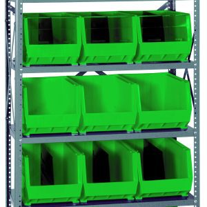 The Quantum Shelving Unit (18D X 36L X 75H) features six sturdy shelves, each with a 400 lb. capacity, and includes 15 front-opening QUS260 green bins. Constructed with galvanized steel, its designed for both utility and practical storage.
