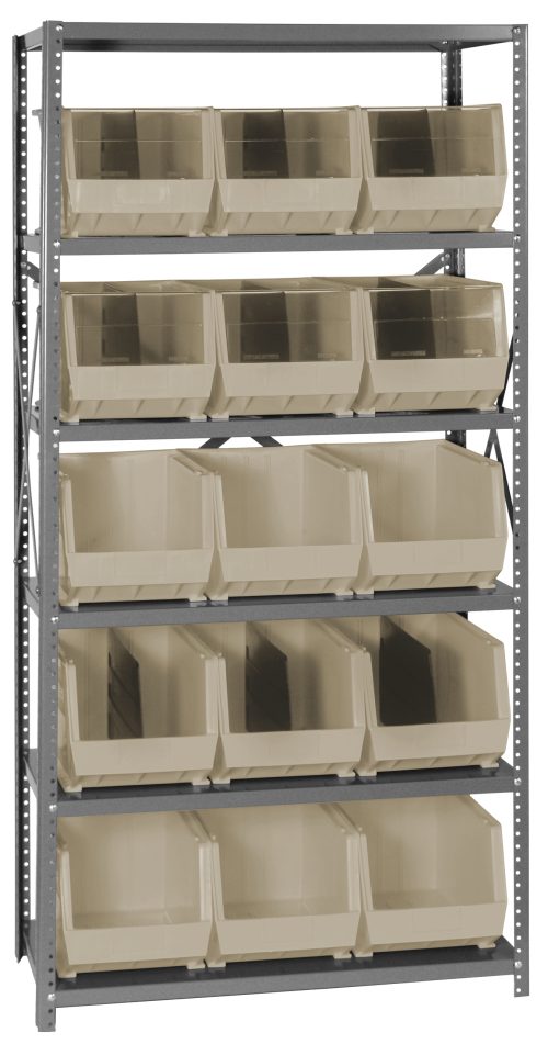 The Quantum Shelving Unit, measuring 18D x 36L x 75H, features six galvanized steel shelves with uprights and cross bars. It includes 15 open-front Qus260 ivory bins, each shelf holding up to 400 lbs, making it ideal for organizing and storing various items.