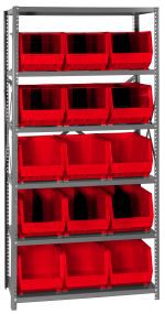 This Quantum Shelving Unit, measuring 18D x 36L x 75H, supports up to 400 lbs per shelf and includes six galvanized steel shelves and uprights with cross bars. It comes with 15 front-open QUS260 red bins, ideal for organizing tools or small parts efficiently.