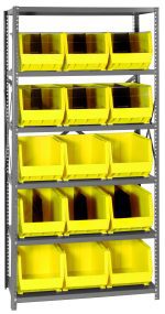 The Quantum Shelving Unit, made of galvanized steel and measuring 18D x 36L x 75H, includes six heavy-duty shelves with a 400 lb load capacity each. It comes with 15 Qus260 yellow bins and is supported by robust uprights and cross bars for easy access and organization.