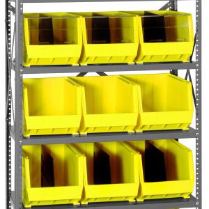 The Quantum Shelving Unit, made of galvanized steel and measuring 18D x 36L x 75H, includes six heavy-duty shelves with a 400 lb load capacity each. It comes with 15 Qus260 yellow bins and is supported by robust uprights and cross bars for easy access and organization.