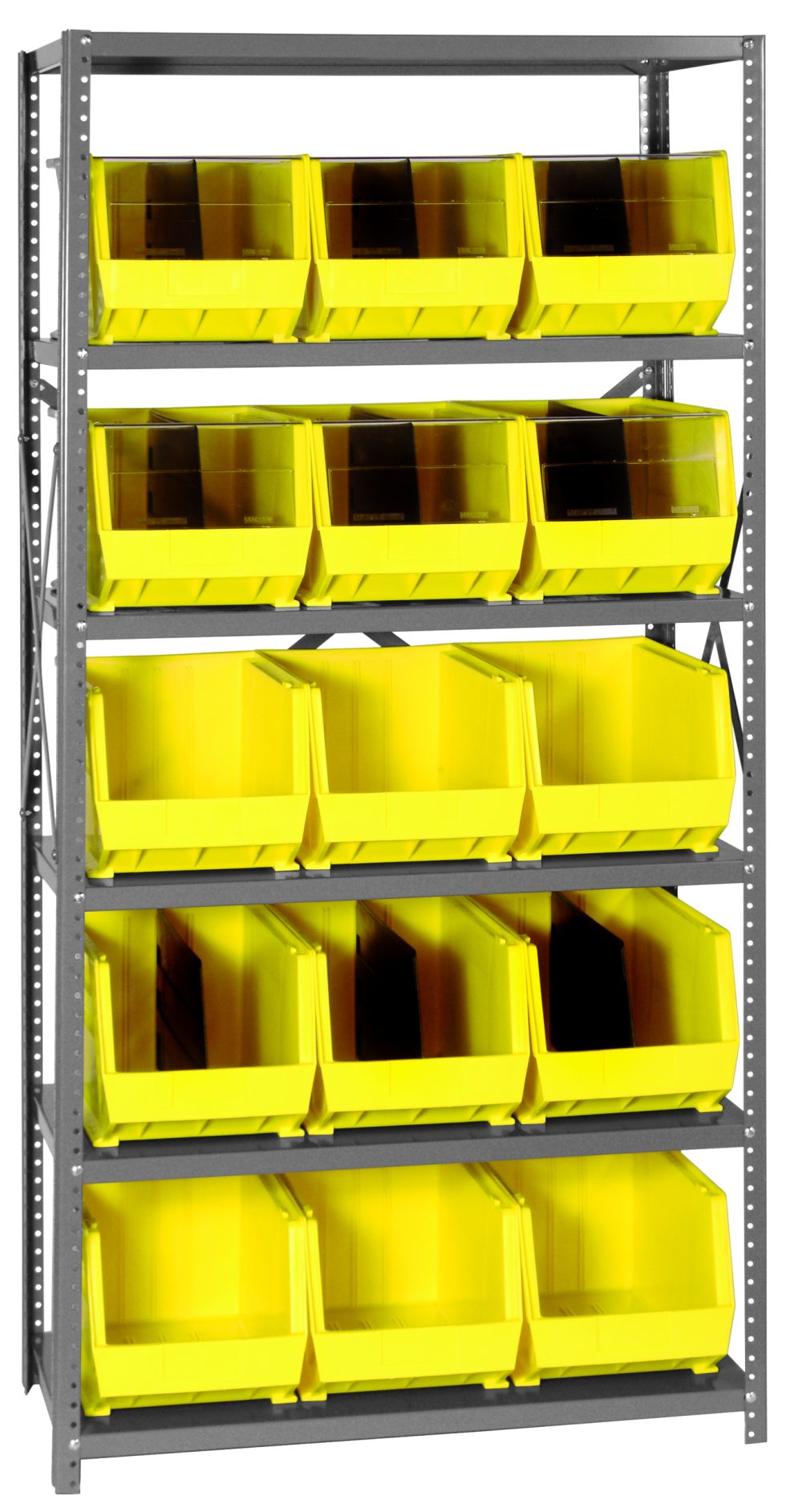 Quantum steel shelving unit with six shelves fully loaded with yellow open-hopper plastic bins