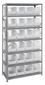The Quantum Shelving Unit, sized 18D x 36L x 75H with a galvanized steel finish, includes seven sturdy shelves and 24 empty QUS265 clear bins. Each shelf supports up to 400 lbs, arranged across six evenly spaced levels with uprights and cross bars for stability.
