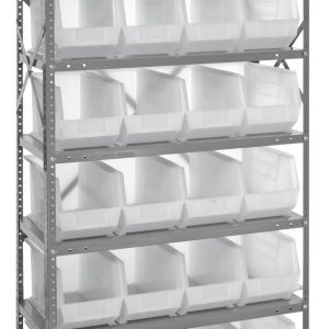 The Quantum Shelving Unit, sized 18D x 36L x 75H with a galvanized steel finish, includes seven sturdy shelves and 24 empty QUS265 clear bins. Each shelf supports up to 400 lbs, arranged across six evenly spaced levels with uprights and cross bars for stability.