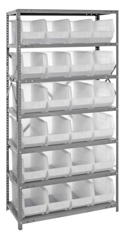 QSBU-265CL.jpg The Quantum Shelving Unit, sized 18D x 36L x 75H with a galvanized steel finish, includes seven sturdy shelves and 24 empty QUS265 clear bins. Each shelf supports up to 400 lbs, arranged across six evenly spaced levels with uprights and cross bars for stability.